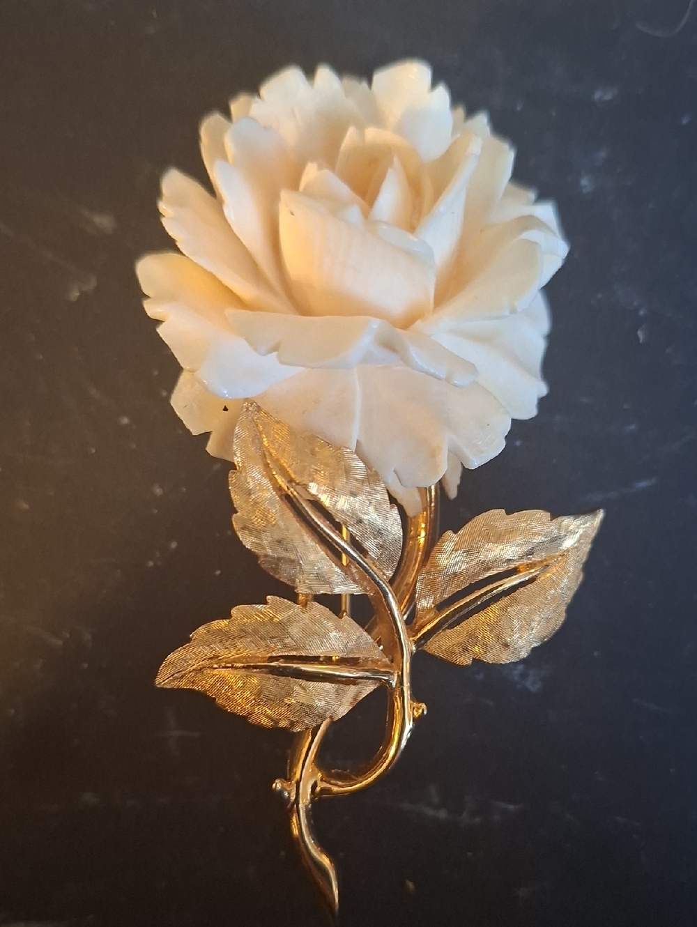 Marcel Boucher Ivory Rose Brooch with Gold Leaves